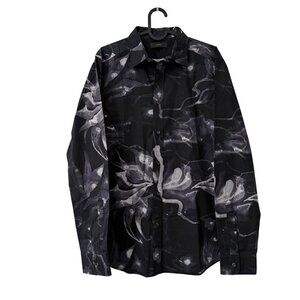 Diesel Black Gray Abstract Floral Art Long Sleeve Button Shirt Mens Size Medium